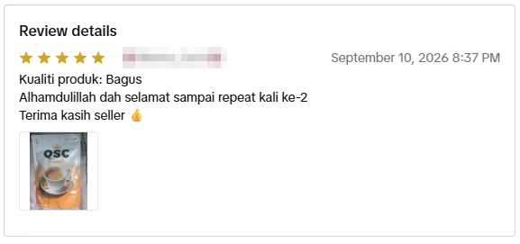 Screenshot ulasan asli dari Shopee Malaysia, nama pembeli disamarkan