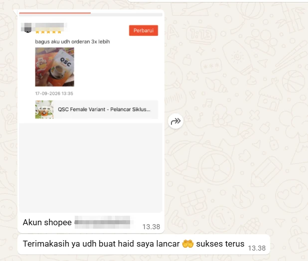 Screenshot ulasan asli dari Chat WhatsApp, nama pembeli disamarkan