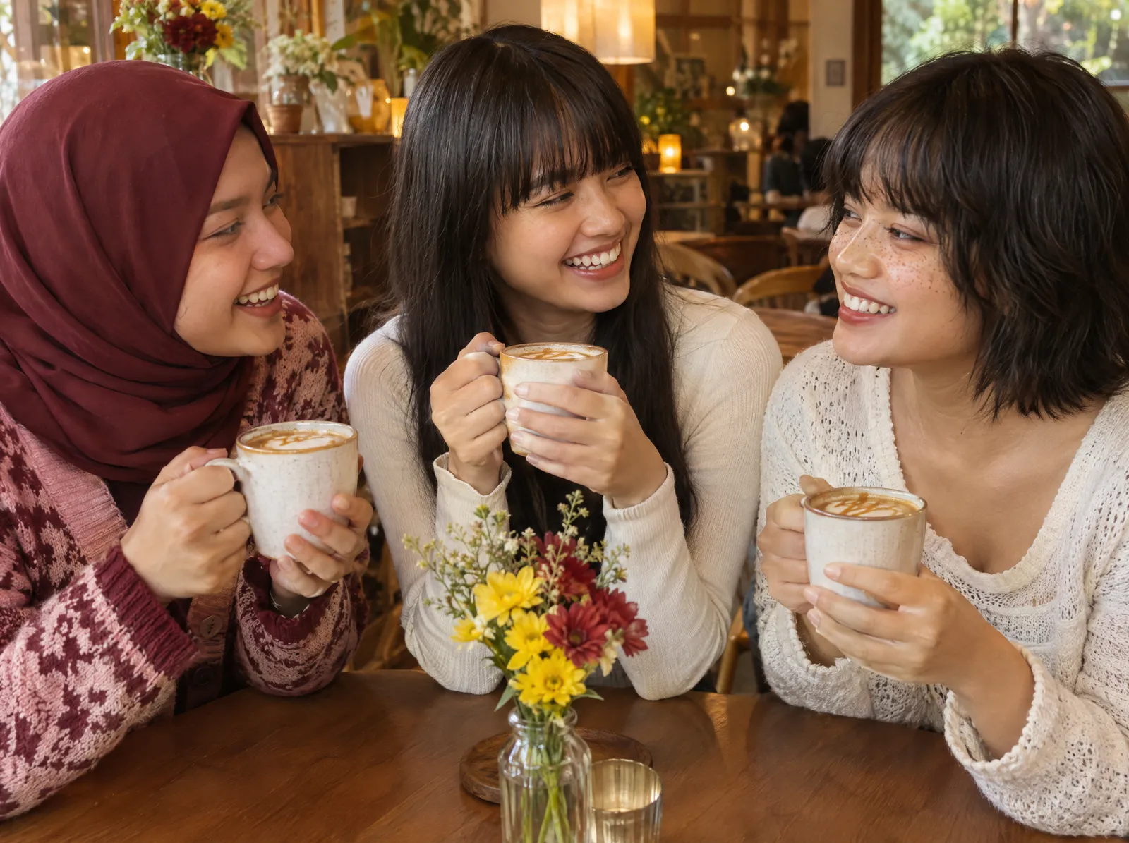 Ilustrasi tiga sahabat perempuan tertawa bersama sambil menikmati kopi hangat di kafe