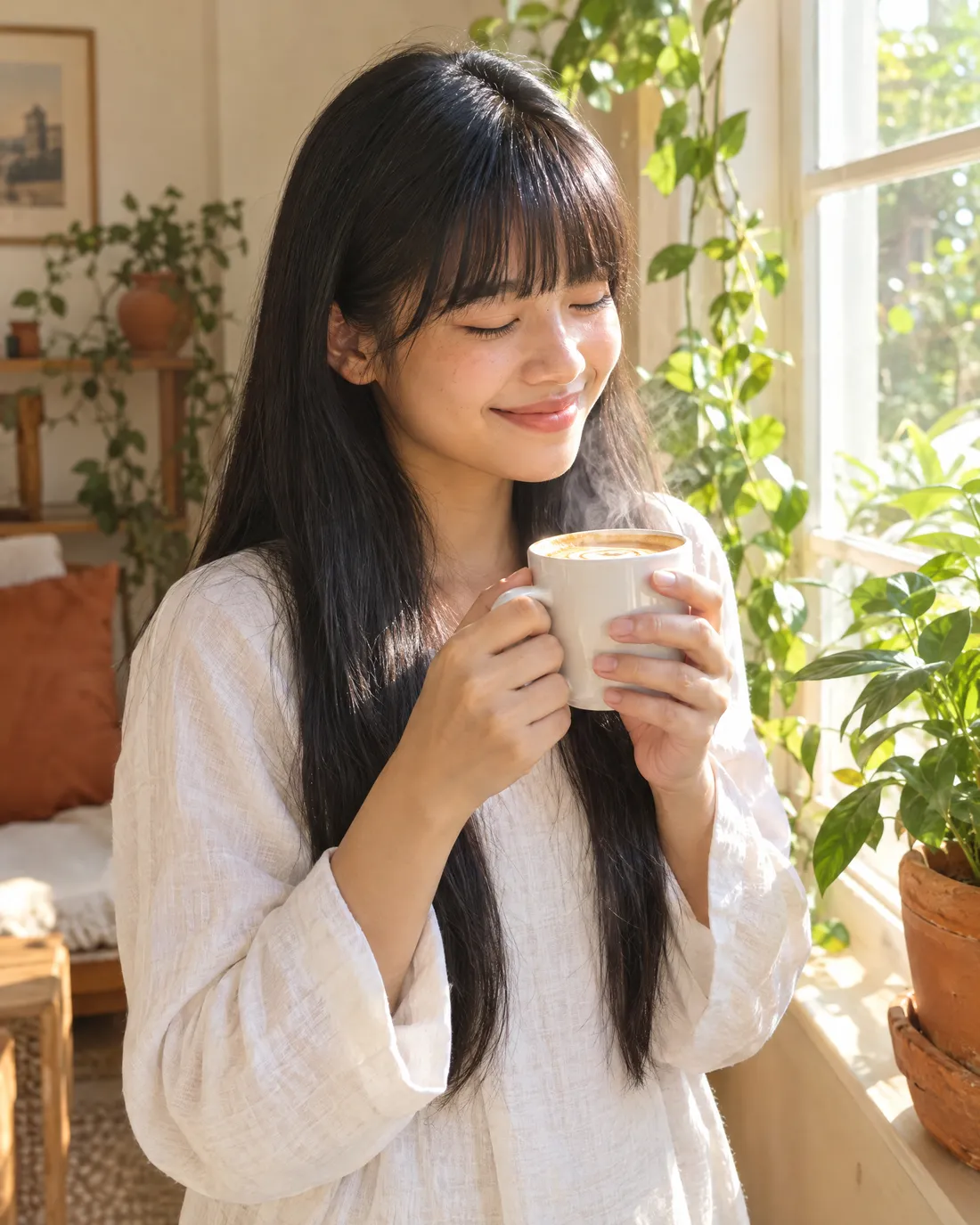 Ilustrasi perempuan tersenyum menikmati secangkir kopi hangat di dekat jendela pada pagi hari