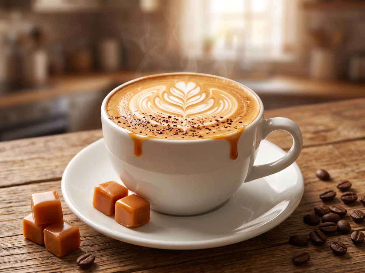 Secangkir caramel latte hangat dengan latte art dan taburan granul cokelat