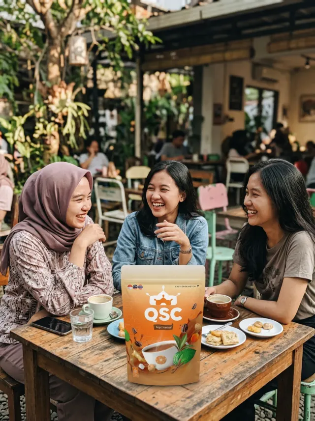Ilustrasi tiga sahabat tertawa di kafe dengan QSC Cappuccino
