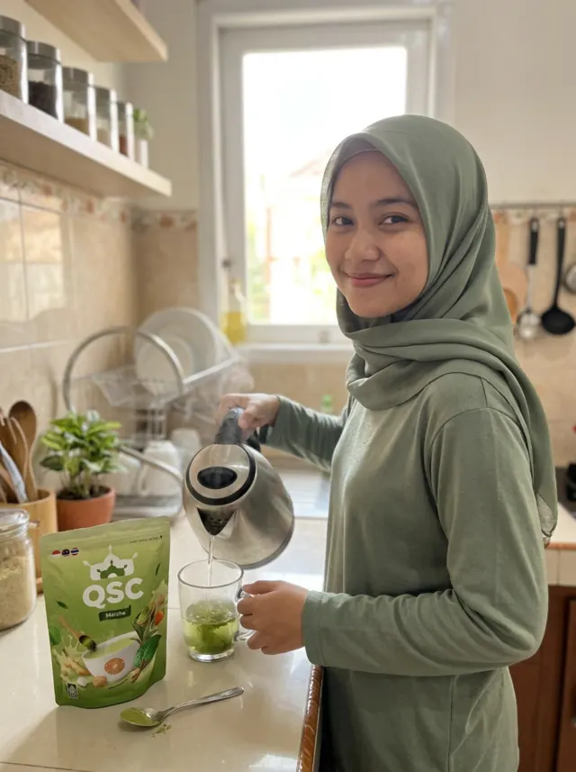 Ilustrasi menyeduh QSC Matcha di dapur pagi hari