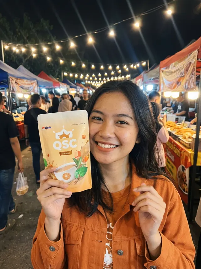 Ilustrasi pengunjung bazar memamerkan QSC Caramel