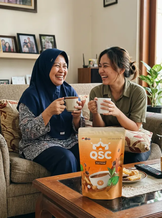 Ilustrasi ibu dan anak bersantai dengan QSC Cappuccino