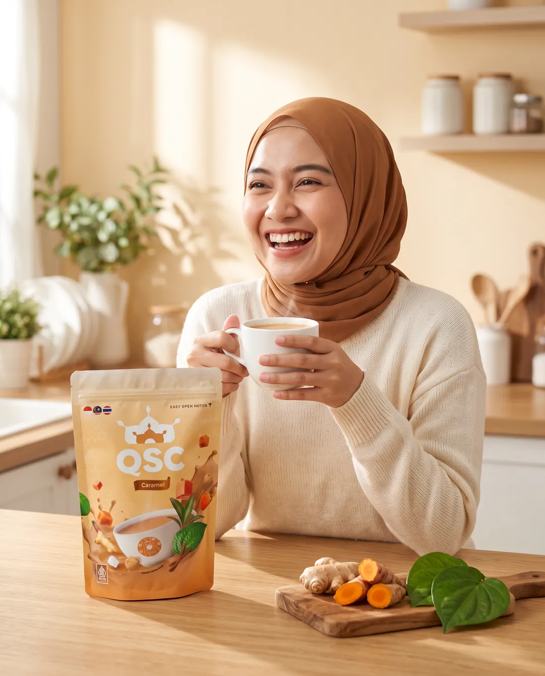 Ilustrasi wanita menikmati secangkir QSC Caramel di dapur yang hangat